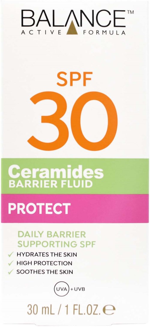 Hautpflegeverpackung mit SPF 30, Ceramide, Barrier Fluid und Schutzvorteile. Enthält 30 ml.