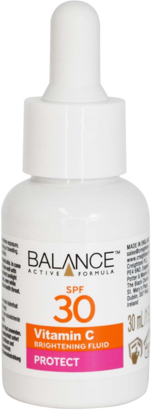 Kleine weiße Flasche mit SPF 30 Vitamin C-aufhellende Flüssigkeit, schützt Haut.