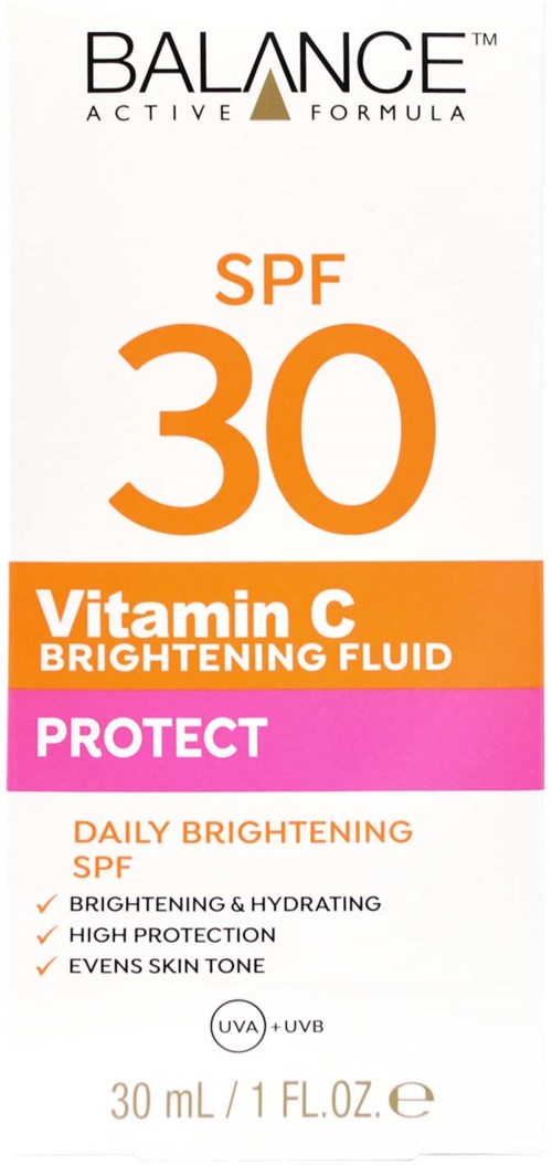 Eine Verpackung zeigt aufhellende Flüssigkeit mit SPF 30, Vitamin C und Schutzvorteile für die Haut. Es enthält Text und Farbblöcke.