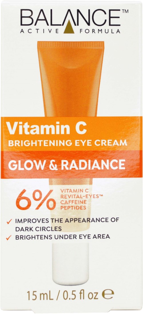 Verpackung für Augencreme, orange und weiß mit Vitamin C für Aufhellung und Reduzierung dunkler Kreise.