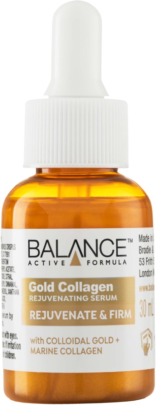 Eine kleine braune Flasche mit weißem Tropfverschluss, gekennzeichnet als Balance Gold Collagen Serum für die Haut.