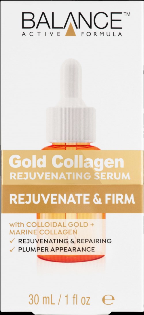 Eine Box Balance Gold Collagen Rejuvenating Serum mit Tropfer, fördert Festigkeit und Hautreparatur.