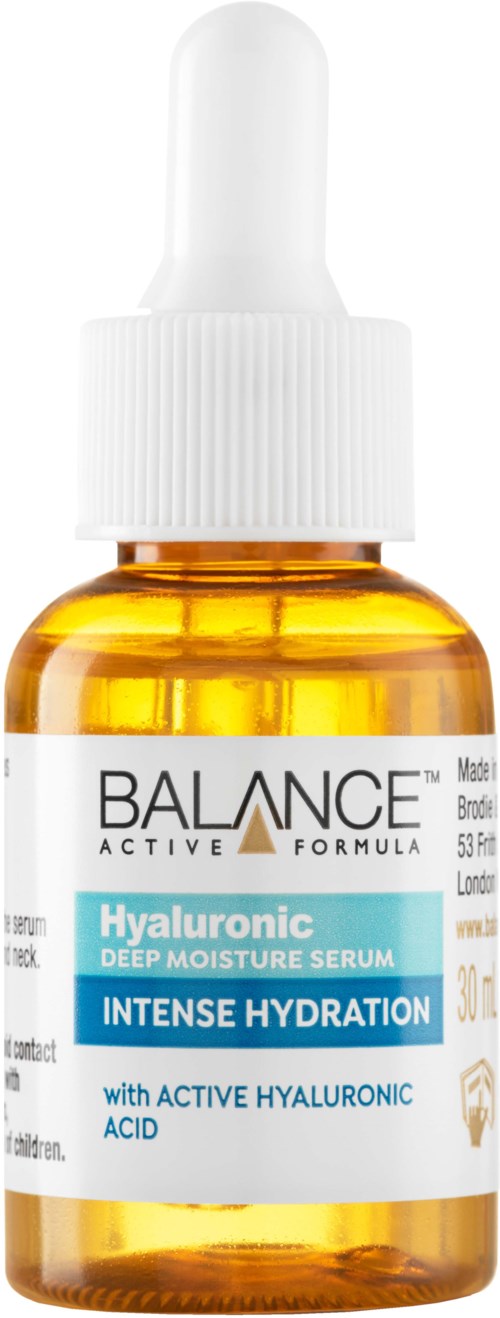 Kleine Bernsteiflasche mit weißem Pipettenverschluss, beschriftet 'Hyaluronic Deep Moisture Serum' für Hautfeuchtigkeit.