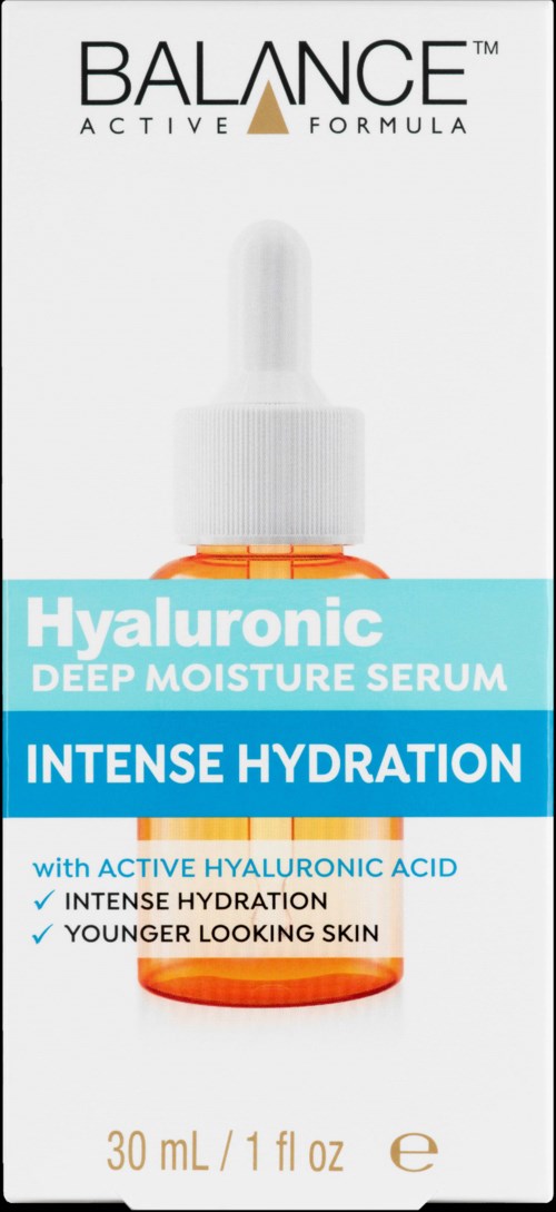Eine Box mit Tropfenglas für Gesichtsserum, beschriftet 'Hyaluronic Deep Moisture Serum' mit 'Intense Hydration' und aktiven Inhaltsstoffen.