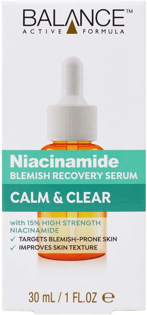Niemvase-Serumflasche mit Tropfer, Etikett sagt 'Calm & Clear', 30ml. Für Haut mit Unreinheiten.