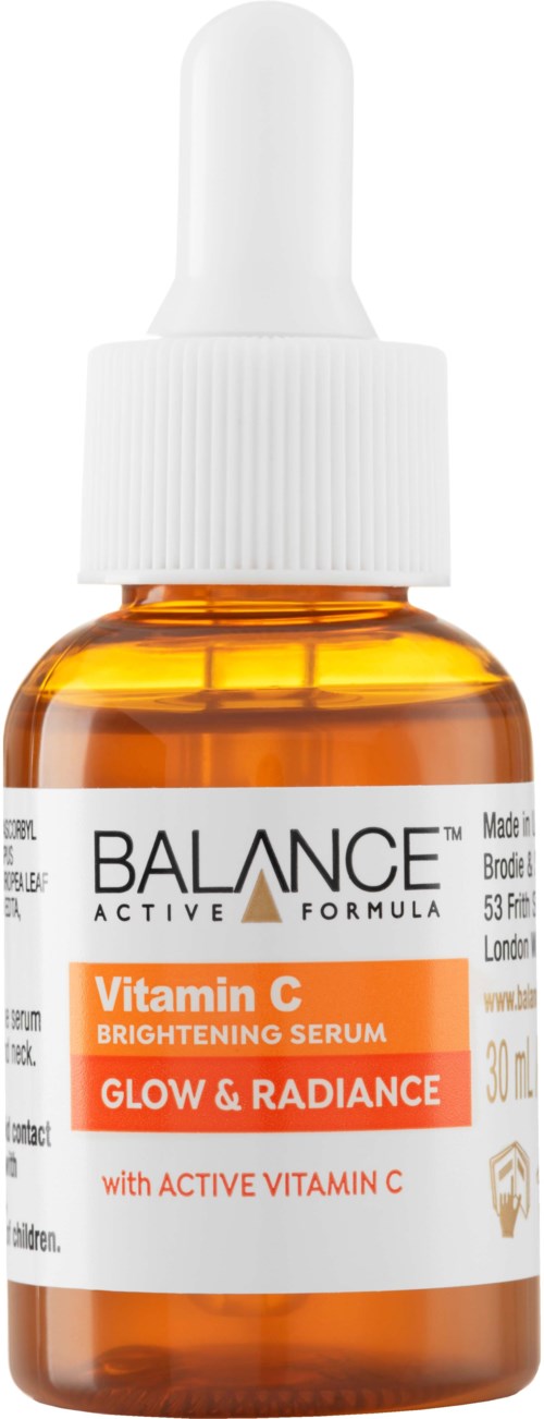 Kleine bernsteinfarbene Glasflasche mit weißem Tropfer, beschriftet 'Vitamin C Brightening Serum'.