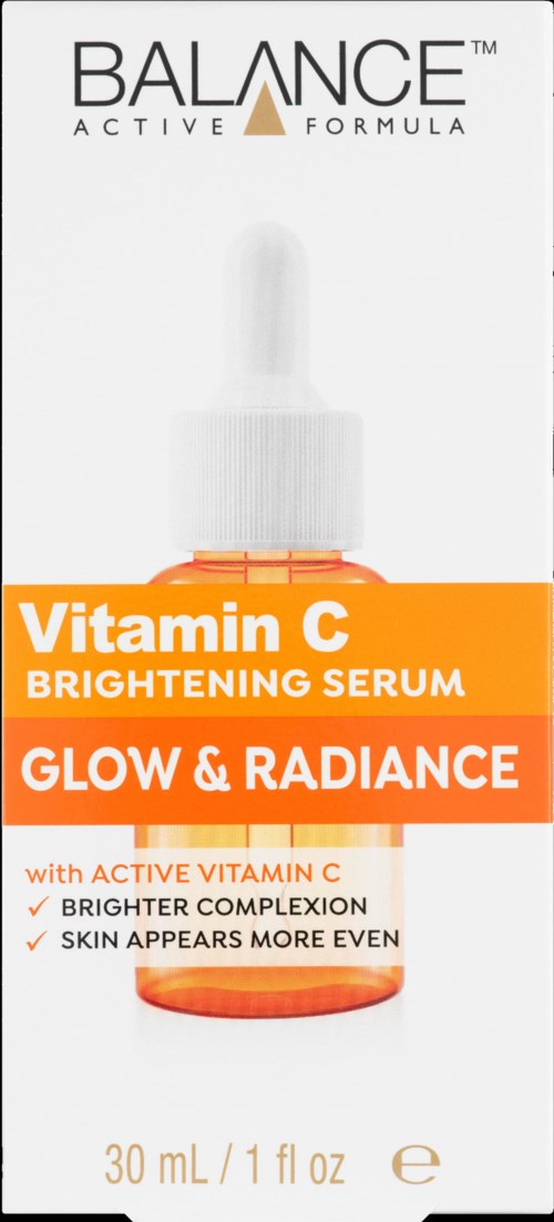 Eine Box mit Balance Vitamin C Brightening Serum und einer kleinen orange-weißen Flasche auf der Vorderseite.