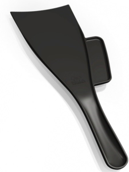 A black spatula with a curved handle and wide flat blade.