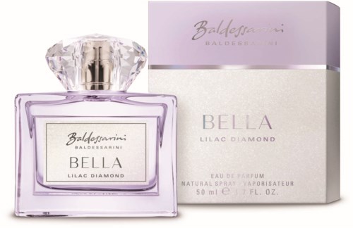 Parfumfles en doos voor Bella Lilac Diamond door Baldessarini, elegant, met paarse accenten en een diamanten deksel.