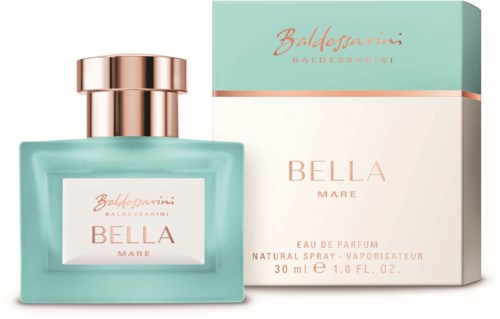 Een parfumfles voor een doos, met de tekst "Bella Mare," in zachte mint- en perzikkleuren, elegante uitstraling.