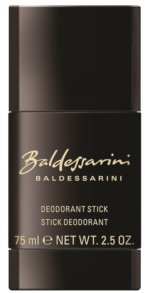 Een zwarte deodorantstaaf met gouden tekst en logo, 75 ml, genaamd Baldessarini.