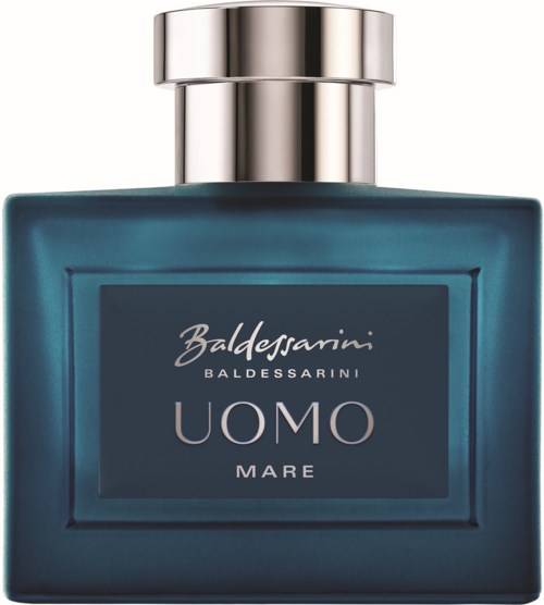 Blauwe parfumfles met zilveren dop, label Baldessarini UOMO MARE.