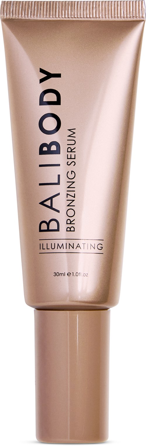 Een tube met verhelderend bronzerserum met beige verpakking en zwarte tekst 'Balibody Bronzing Serum'.