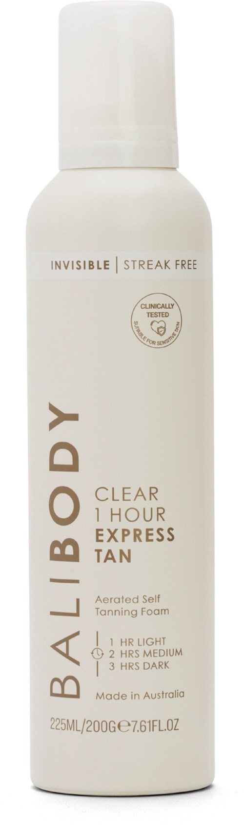 Een witte fles zelfbruiningsschuim voor snelle, lichte, medium of donkere kleur, gemaakt in Australië, met dop.