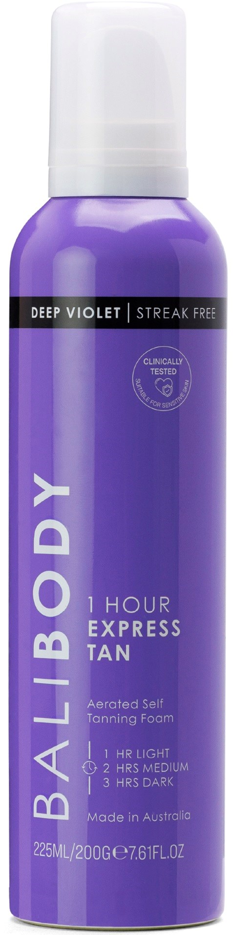 Een paarse fles met witte dop, gemarkeerd voor zonnebrand, snel 1-uur bruiningsproces en diepe violetkleur.