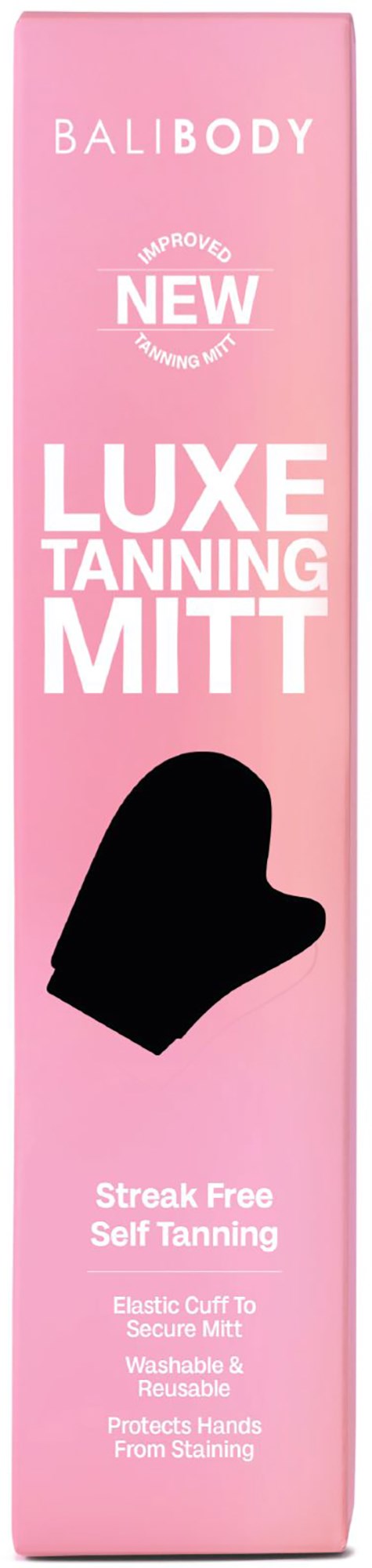Een roze doos met zwarte handschoen illustratie, gelabeld als een zelfbruiningshandschoen voor gelijkmatige toepassing.