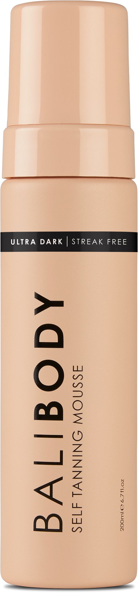 Een beige fles met pomp, gelabeld 'BALABODY Self Tanning Mousse' voor een donkere, streepvrije huid.