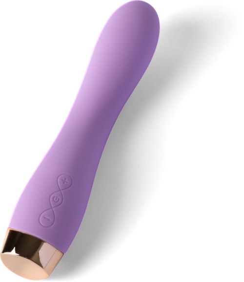 Ein lila, gebogener Personal-Massagegerät mit Bedientasten und goldfarbenem Boden.