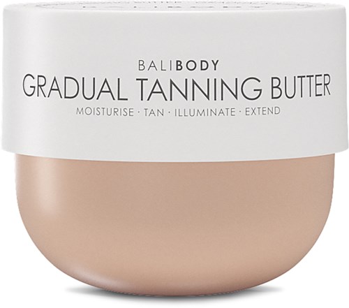 Een ronde houder met geleidelijke tanningboter in wit en perzik, gemarkeerd "Balibody" en doel.