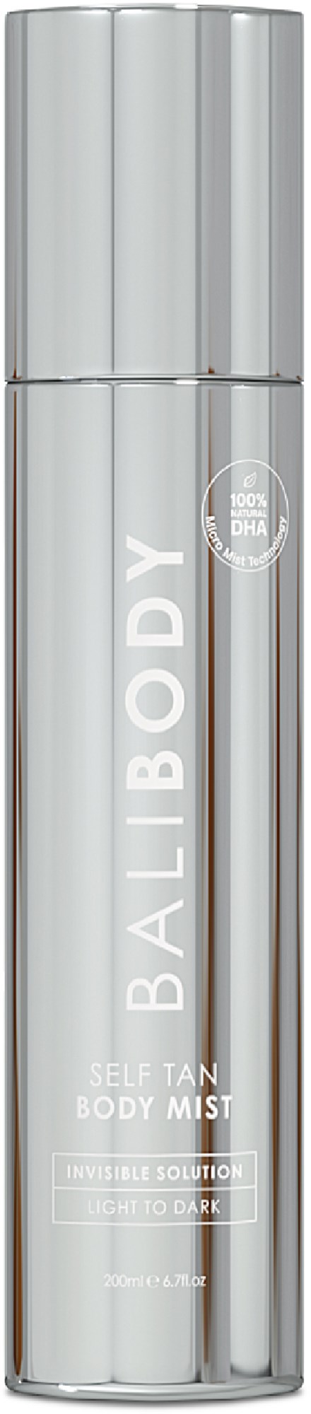 Een zilveren fles met 'BALIBODY Self Tan Body Mist' en spuitkop.