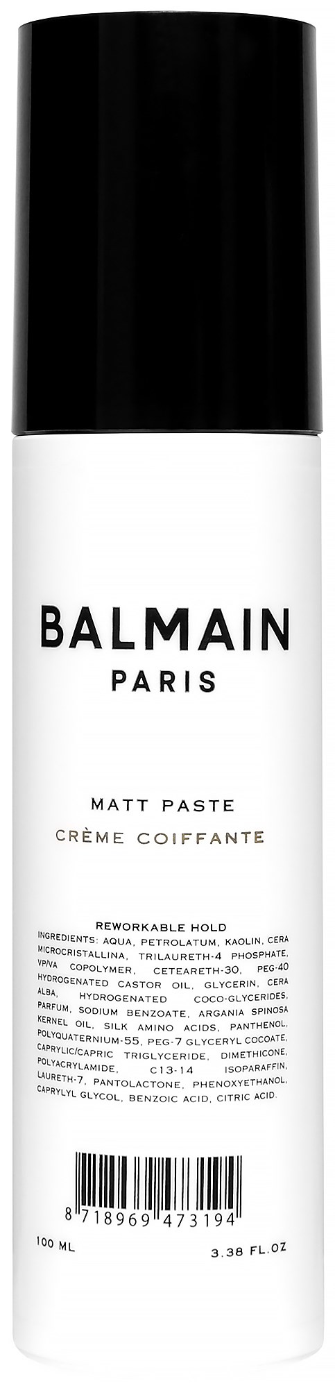 En hvit flaske med svartlokk, merket 'BALMAIN PARIS', inneholder matt hårpasta.