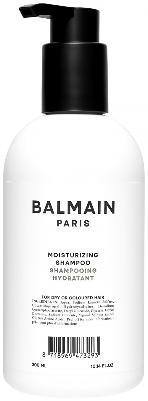 Valkoinen pullo mustalla pumpulla, merkki Balmain Paris, kosteuttava shampoopuhdistusa kuiva tai värjättyä hiusta varten, 300 ml.