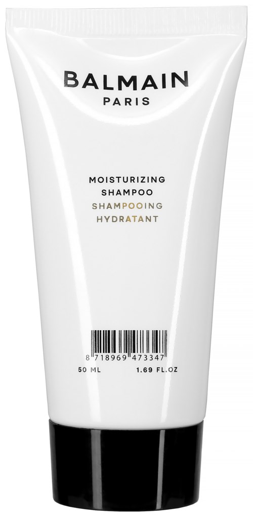 Vit tub med Balmain Paris fuktgivande schampo, 50 ml, med svart lock, text i svart och guld.