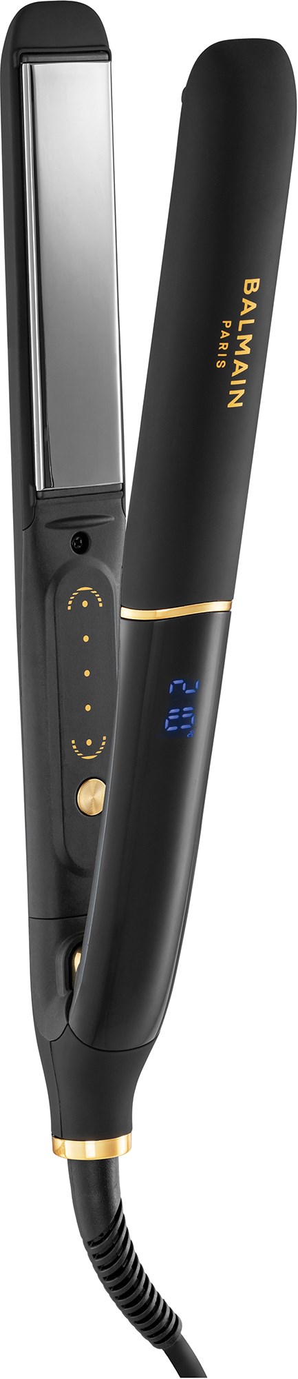 A black hair straightener with gold accents, digital display, and a foldable handle.