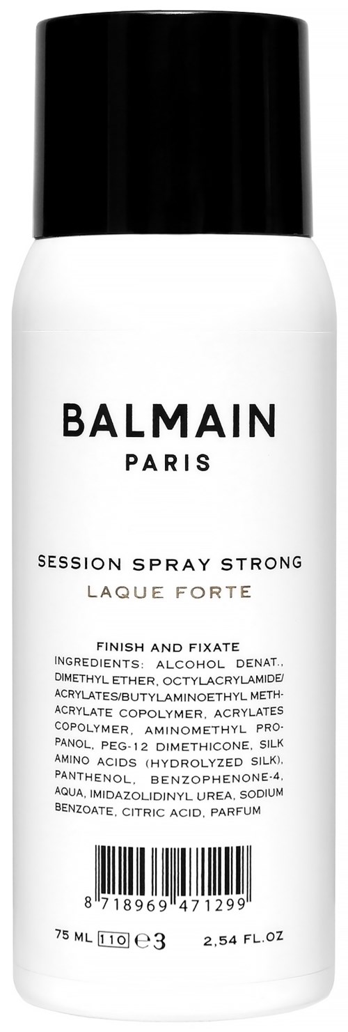 En vit burk med svart lock, etiketten säger "Balmain Paris, Session Spray Strong" för hårstyling.