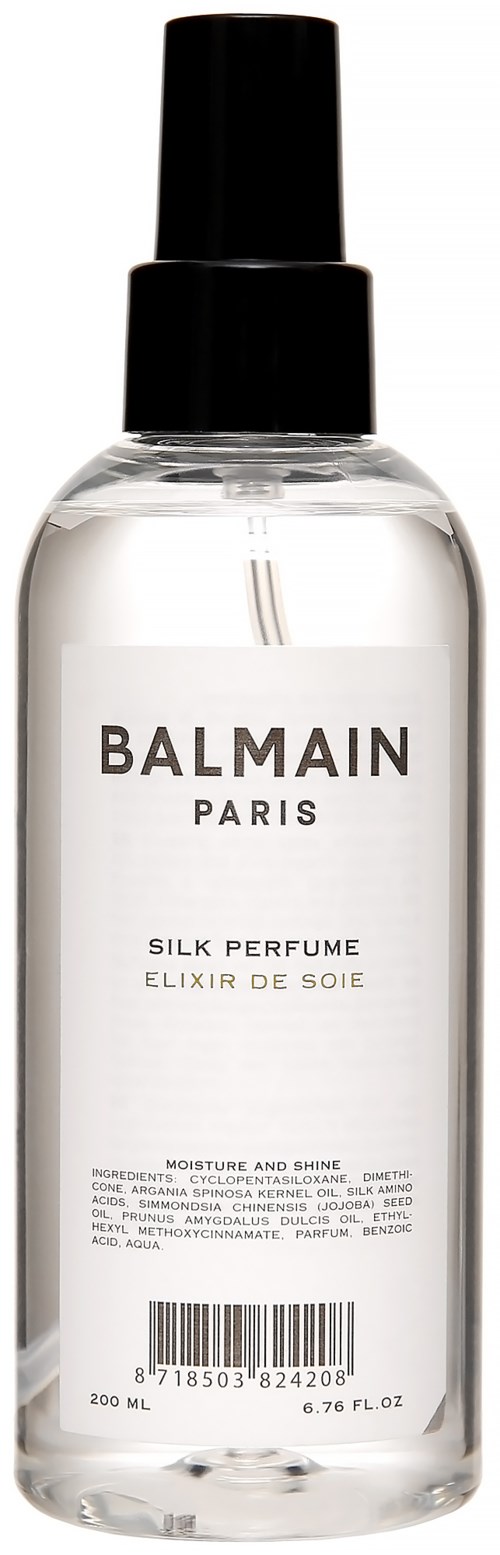 A clear spray bottle with black cap, labeled 'BALMAIN PARIS SILK PERFUME ELIXIR DE SOIE,' 200 ml.