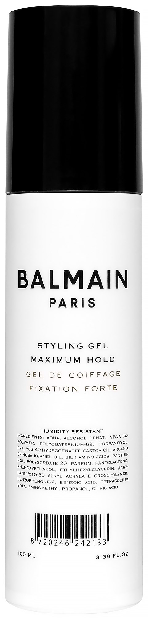 A white and black can of Balmain Paris styling gel with text about holding and fixing hair.