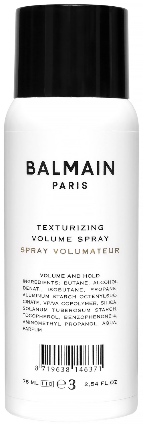 Valkoinen suihkepullo, jossa on musta kansi ja merkintä 'BALMAIN PARIS Texturizing Volume Spray'.