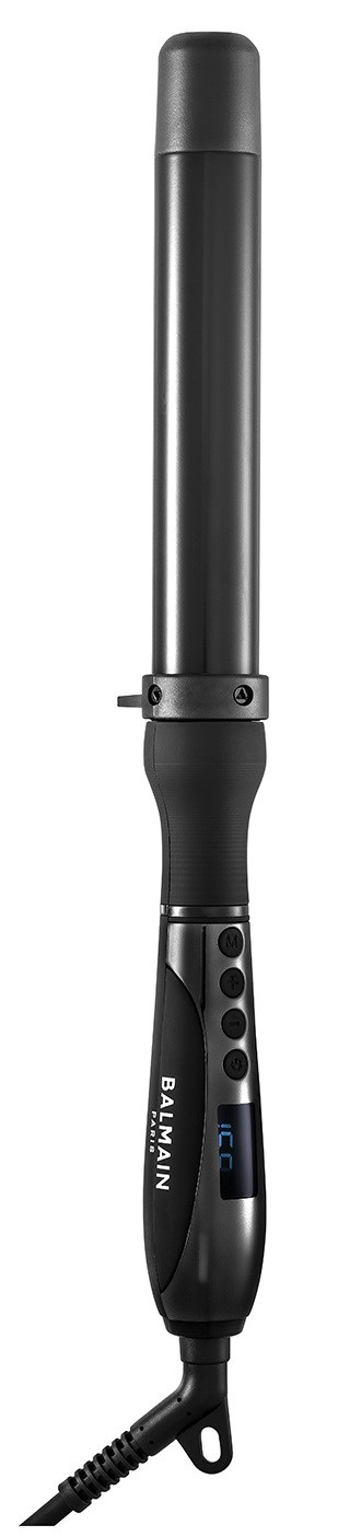 A black curling iron with a handle, digital display, and a cord at the end.