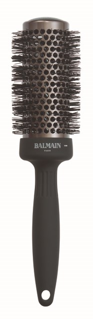 A black round hairbrush with a handle, metal barrel, and many bristles for styling hair.