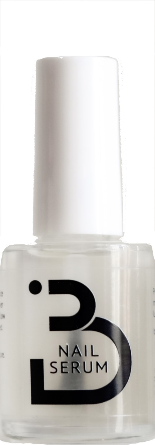 A small clear bottle with a white cap labeled 'Nail Serum' with a black logo.