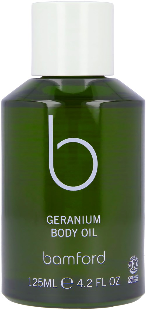 Dunkelgrüne Flasche mit Geranien-Körperöl, weißer Deckel, schlichter Etikett, Bamford, 125ml.