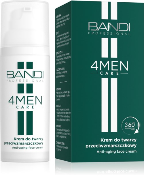 A white bottle and green box showing 'BANDI 4 MEN CARE' anti-aging face cream with a 360-degree protection symbol.