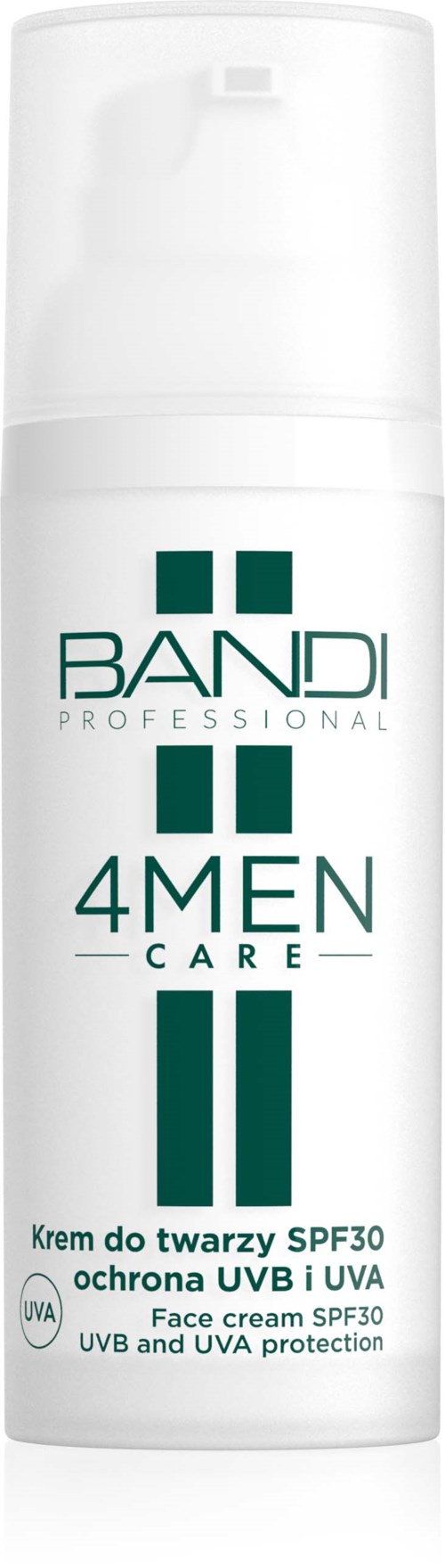 A white bottle of face cream with SPF30 for men, offering UVB and UVA protection.