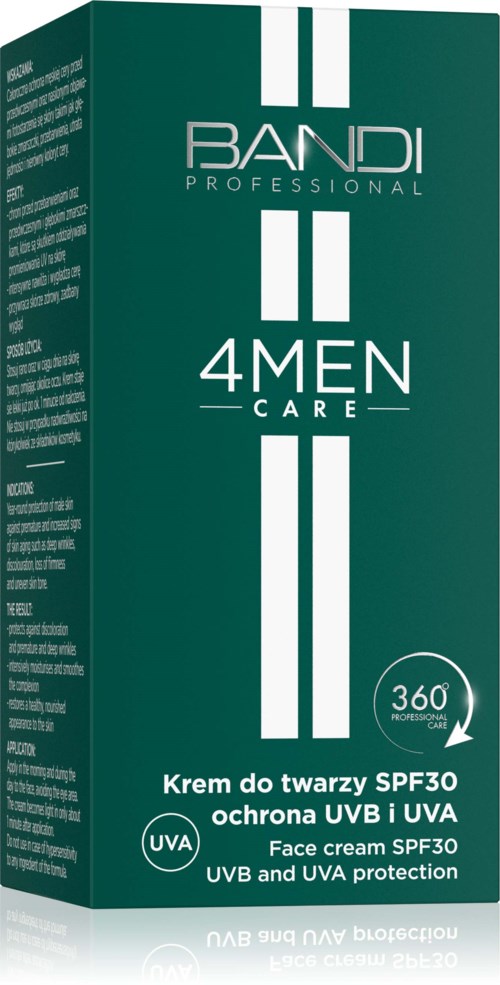 A green box labeled 'Bandi Professional 4 Men Care' face cream with SPF30 and UVA/UVB protection, showing protection details.