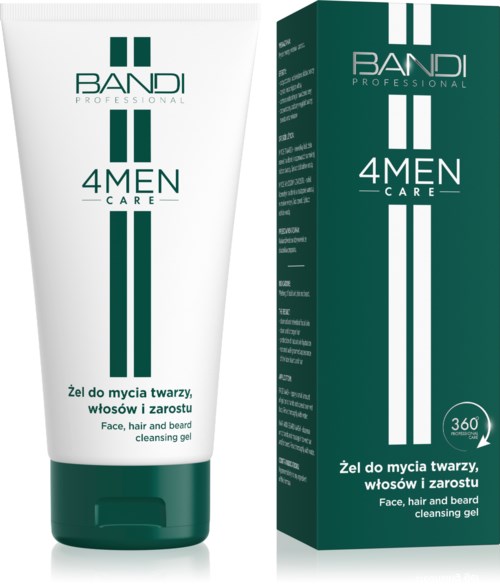 A white and green tube of face, hair, and beard cleansing gel with a matching box, labeled 'BANDI 4 MEN CARE'.