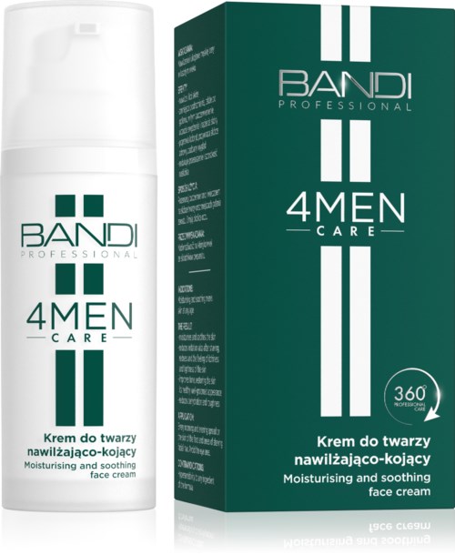 A white container and a green box show a men's face cream labeled for moisturizing and soothing skin.