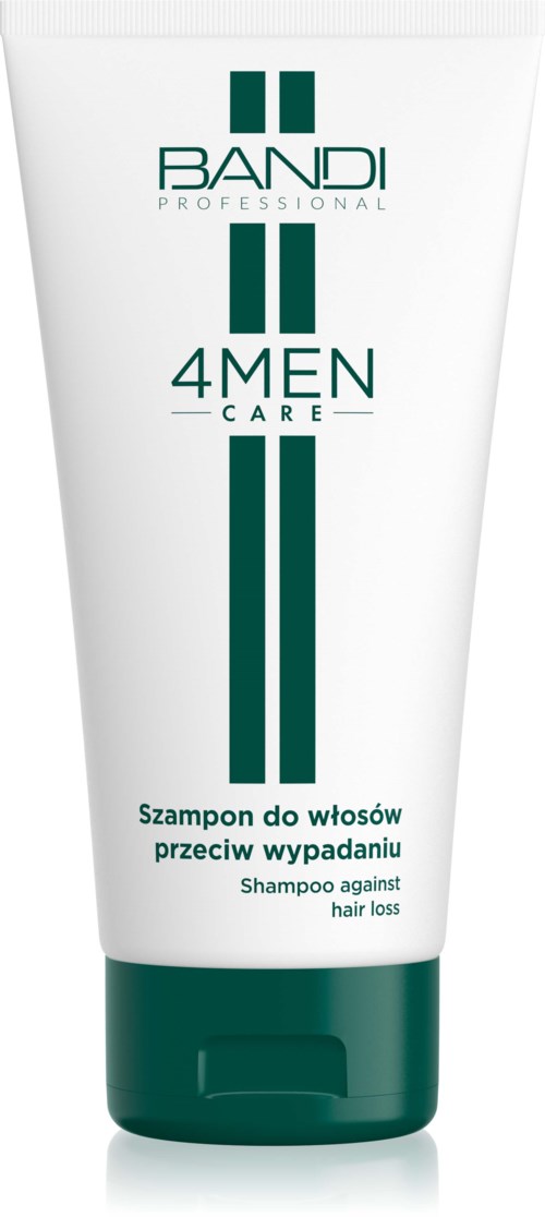 A white and green shampoo tube labeled for men's hair loss treatment. It has text and a logo, with a flip-top cap.