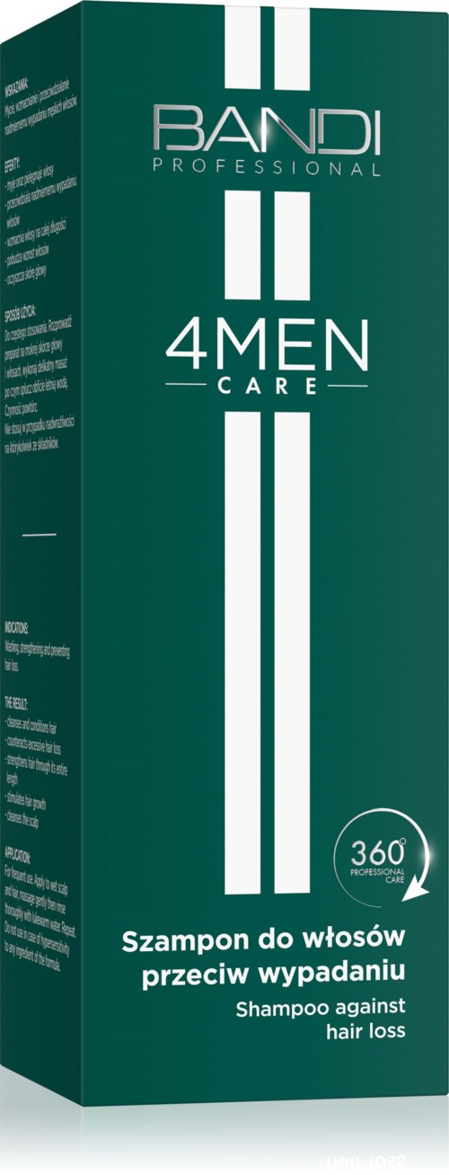 Green box with white lines, text in Polish and English, mentions hair loss shampoo for men, professional brand.