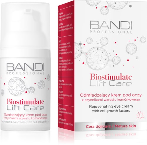 Rejuvenating eye cream with cell growth factors, suitable for mature skin, in a white pump bottle with a red and white box.