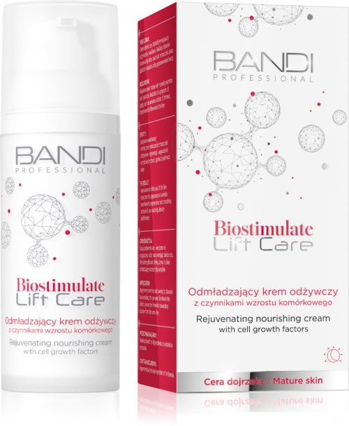 A bottle and box of Biostimulate Lift Care nourishing cream with cell growth factors, for mature skin, in red, white, and gray.