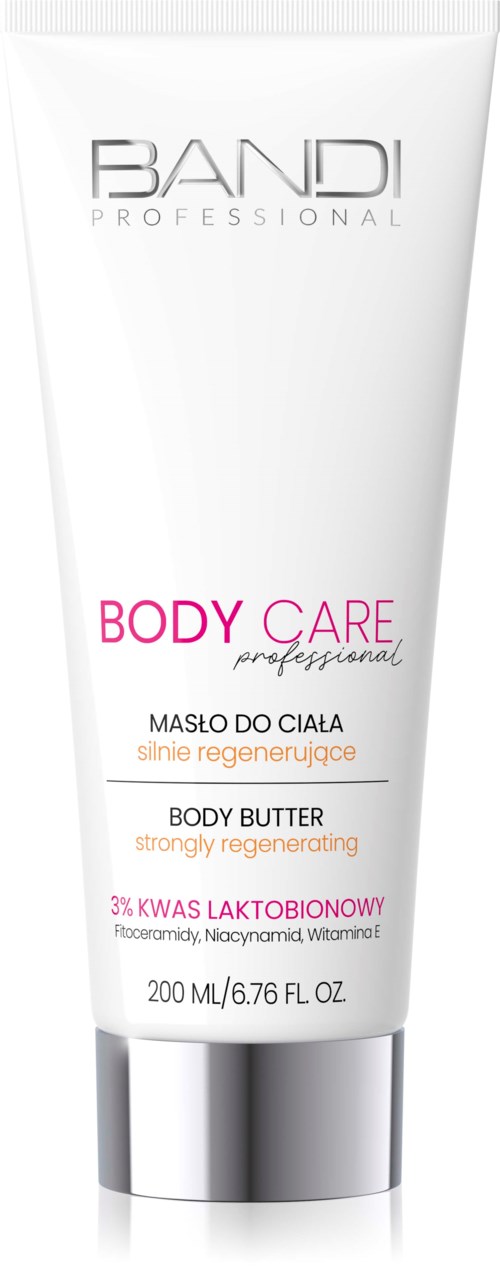 Biała tubka z napisem BANDI Professional Body Care oraz różowe i pomarańczowe teksty dla kremu do ciała i masła do ciała.