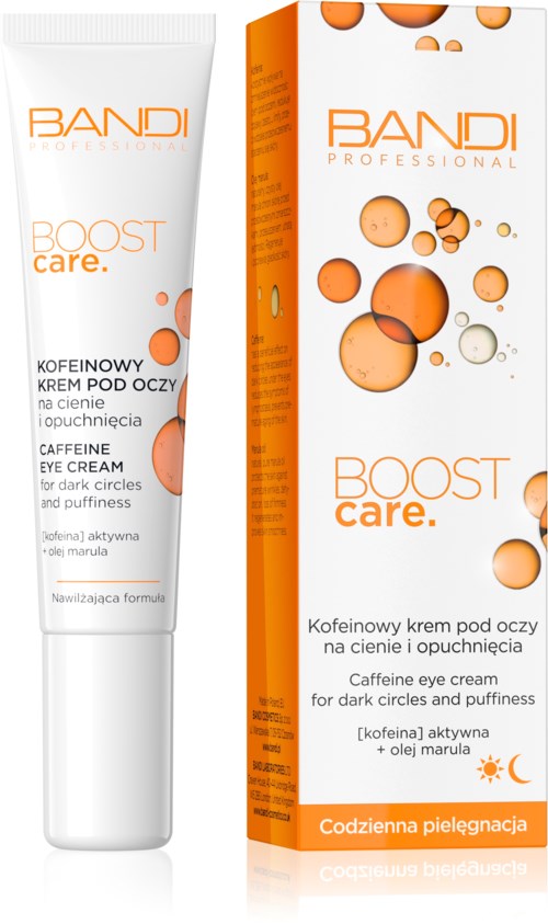 Ein weißes Tube und orangefarbene Schachtel mit Kreismustern, enthält Koffein-Augencreme gegen dunkle Ringe und Schwellungen.