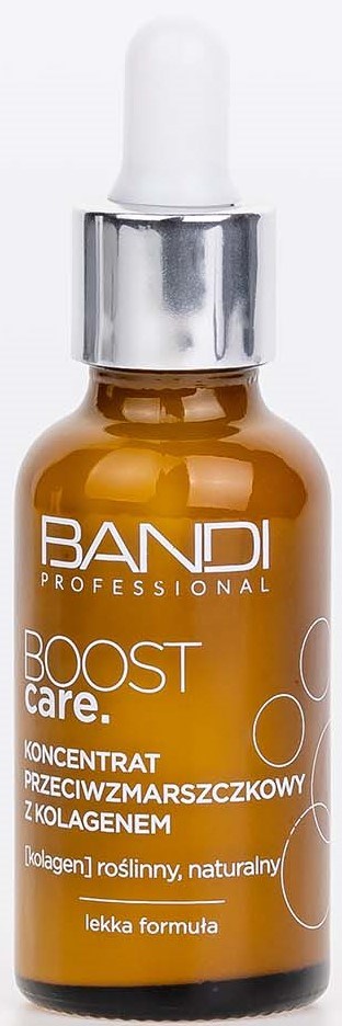 En liten brun flaska med vit pipett och silverlock, märkt 'BANDI Professional Boost Care' med ingredienser.