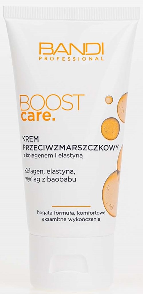 A white tube of anti-wrinkle cream with orange and black text, featuring images of collagen bubbles.