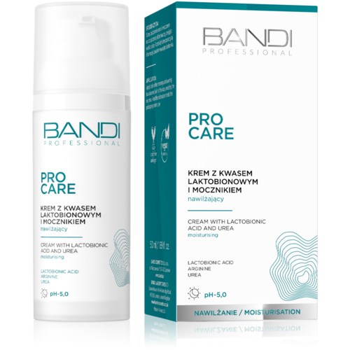 A bottle and box of BANDI PRO CARE cream with lactobionic acid and urea, for moisturizing skin, pH 5.0.